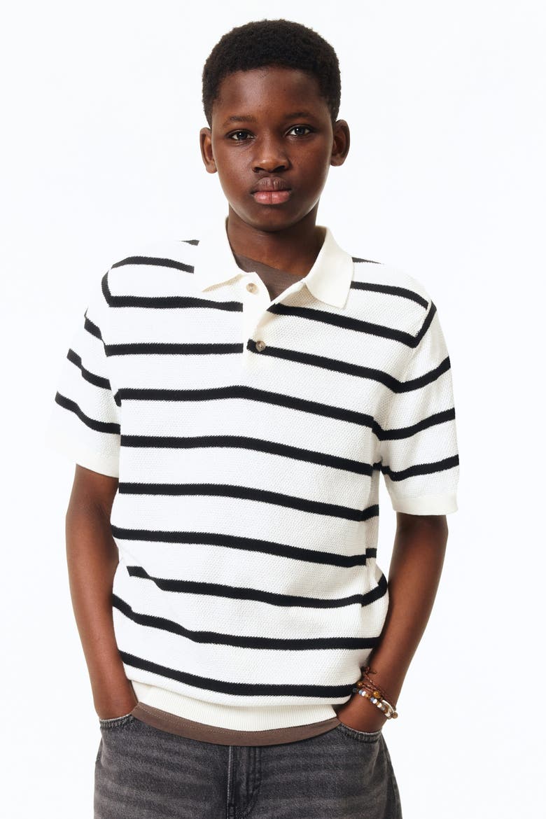 Waffle-knit Polo Shirt, Main, color, White/black striped