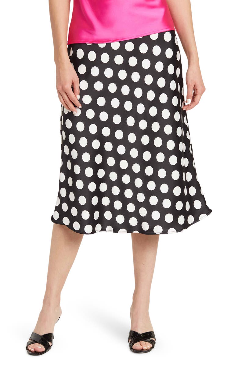 Renee C Polka Dot Satin Midi Skirt, Main, color,