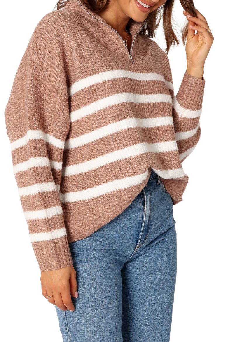 Miranda Stripe Quarter Zip Sweater, Alternate, color, TAUPE