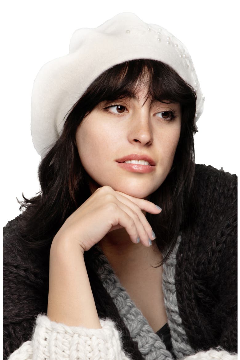Faux Pearl Embellished Beret, Alternate, color, IVORY