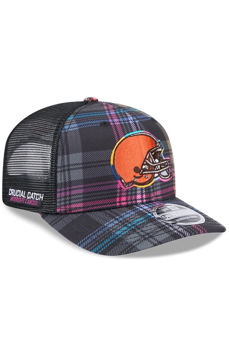 Men's New Era Black Cleveland Browns 2024 NFL Crucial Catch Plaid 9SEVENTY Trucker Snapback Hat, Main, color, Black