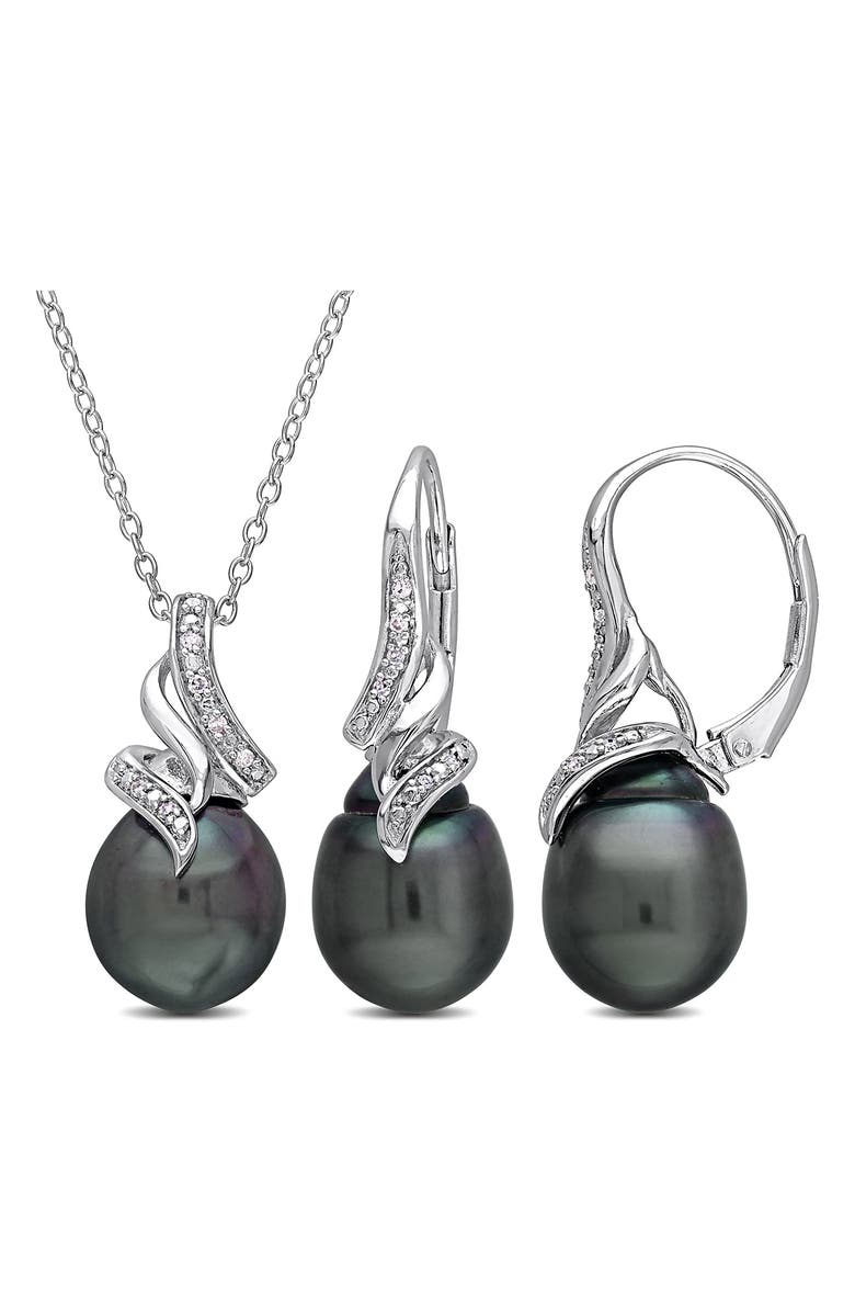 DELMAR Black Cultured Freshwater Pearl & Diamond Pendant Necklace & Drop Earrings Set, Main, color, Black