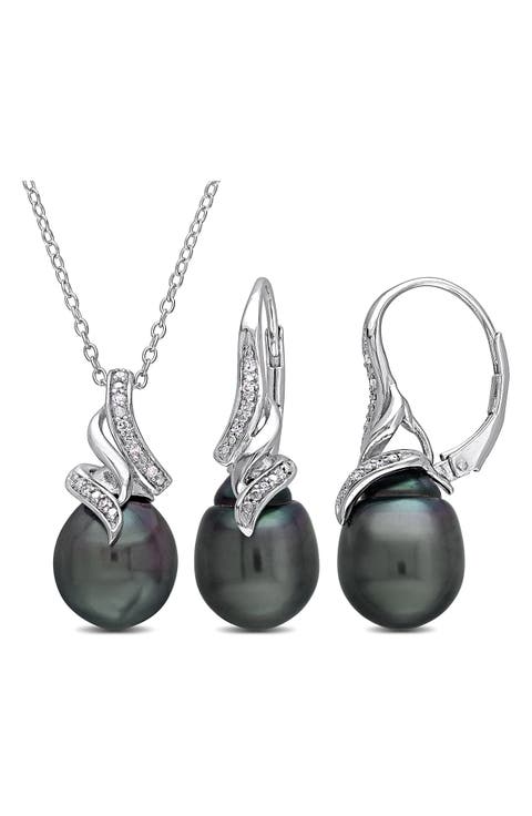 Black Cultured Freshwater Pearl & Diamond Pendant Necklace & Drop Earrings Set