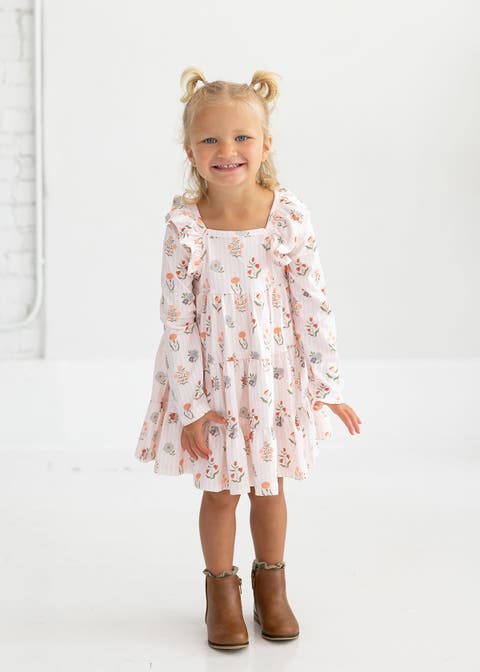 Amelia Rose Long Sleeve Floral Ruffle Trim Tiered Dress
