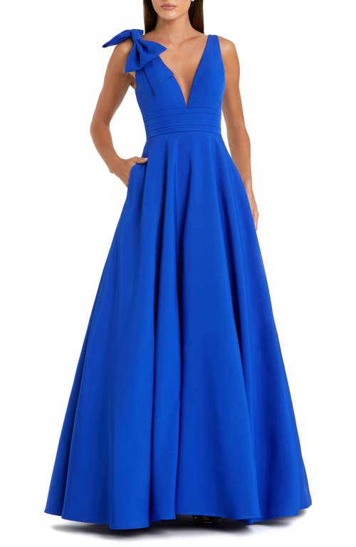 Mac Duggal Crepe Sleeveless V Neck Ballgown With Bow In Cobalt