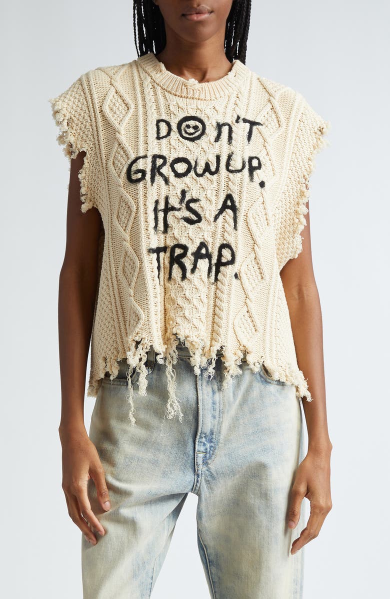 R13 Don't Grow Up Fray Hem Cable Stitch Sweater Vest, Main, color, 