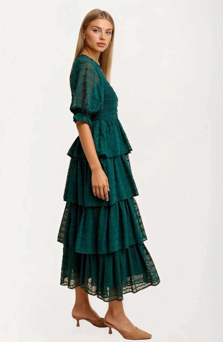 Knit and Lounge Tiered Ruffle Maxi Dress with Smocked Bodice and Sheer Sleeves, Alternate, color, 