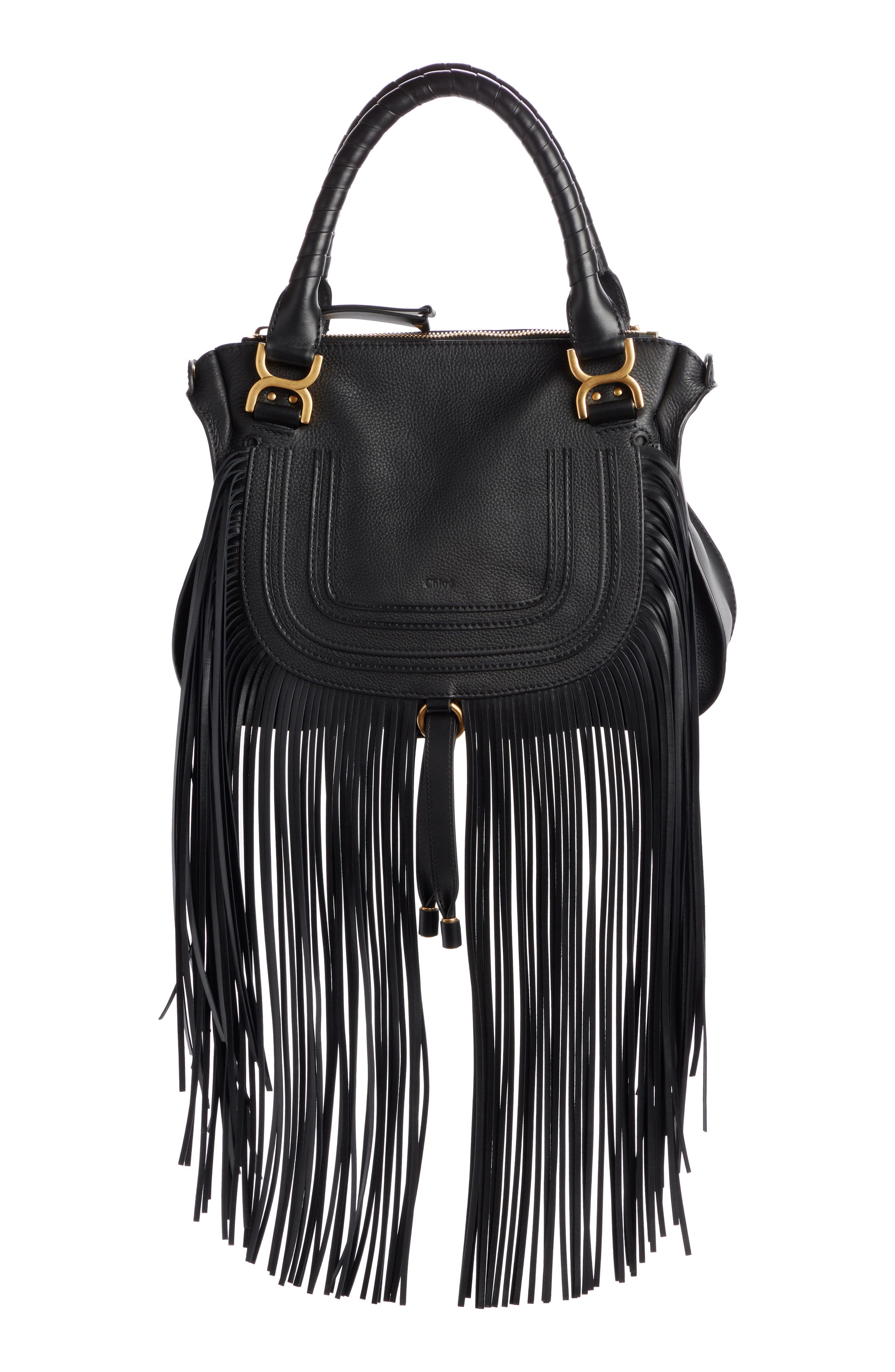 Chloé Medium Marcie Fringe Leather Satchel, Main, color, 