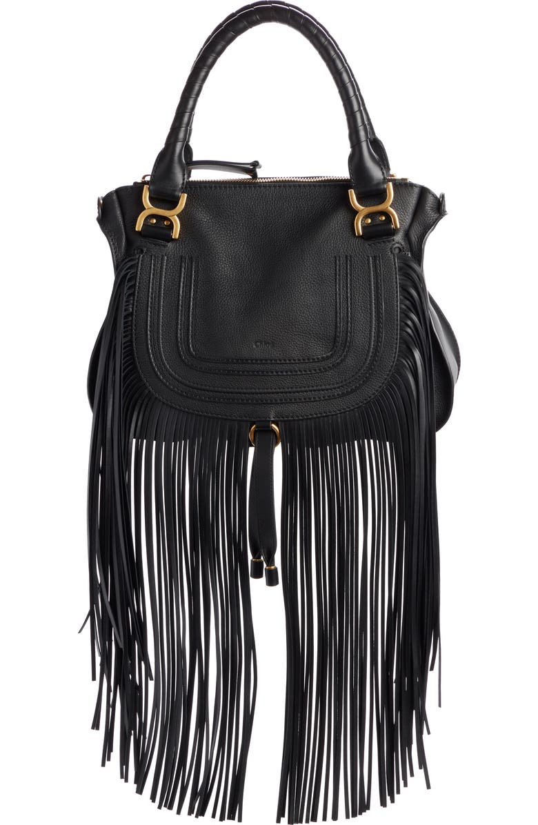 Chloé Medium Marcie Fringe Leather Satchel, Main, color,