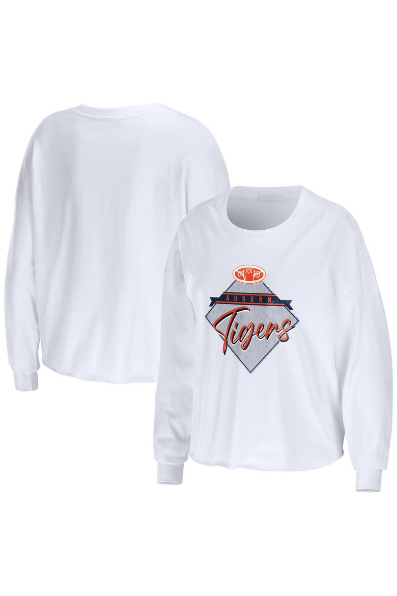 Women's WEAR by Erin Andrews White Auburn Tigers Diamond Long Sleeve Cropped T-Shirt, Main, color, White