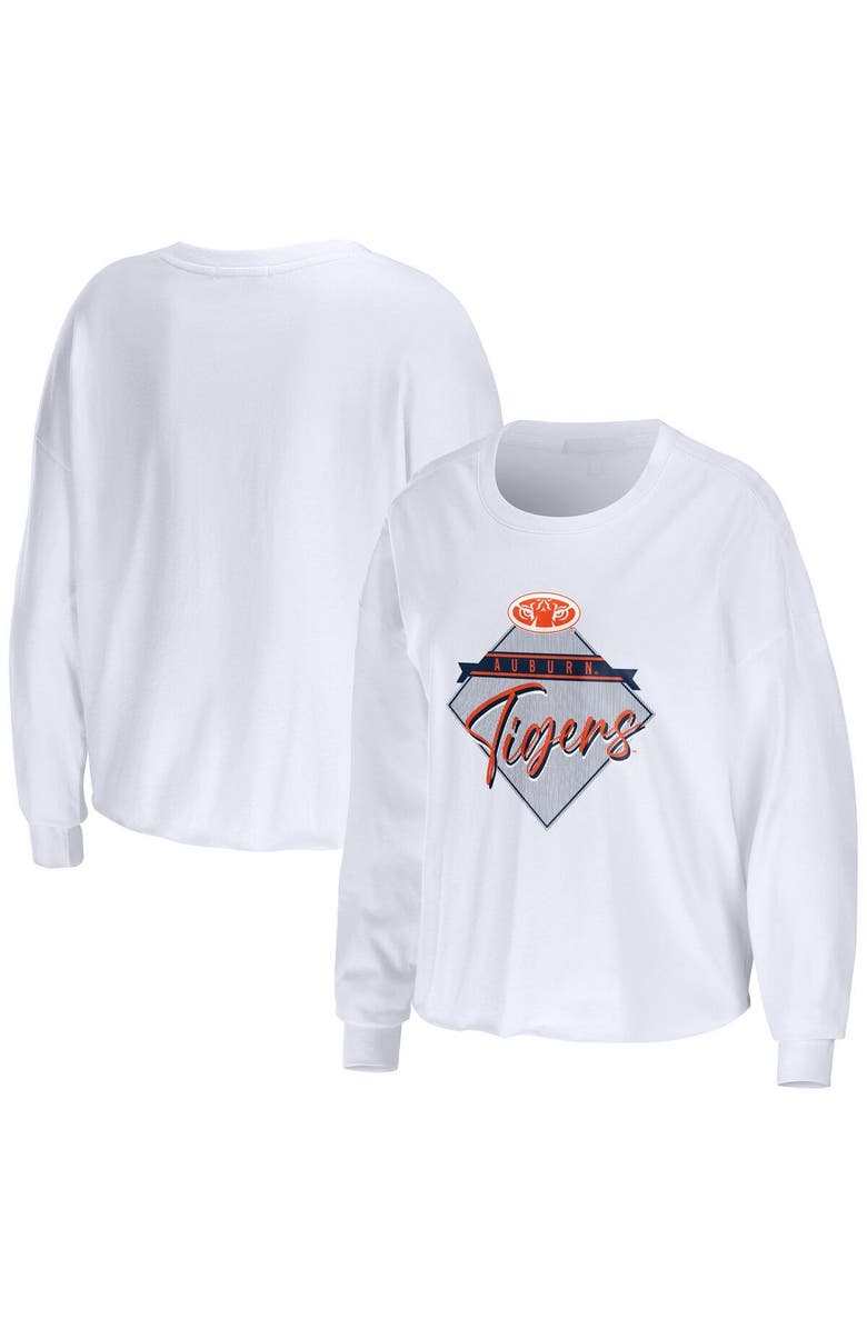 WEAR by Erin Andrews Women's WEAR by Erin Andrews White Auburn Tigers Diamond Long Sleeve Cropped T-Shirt, Main, color, White