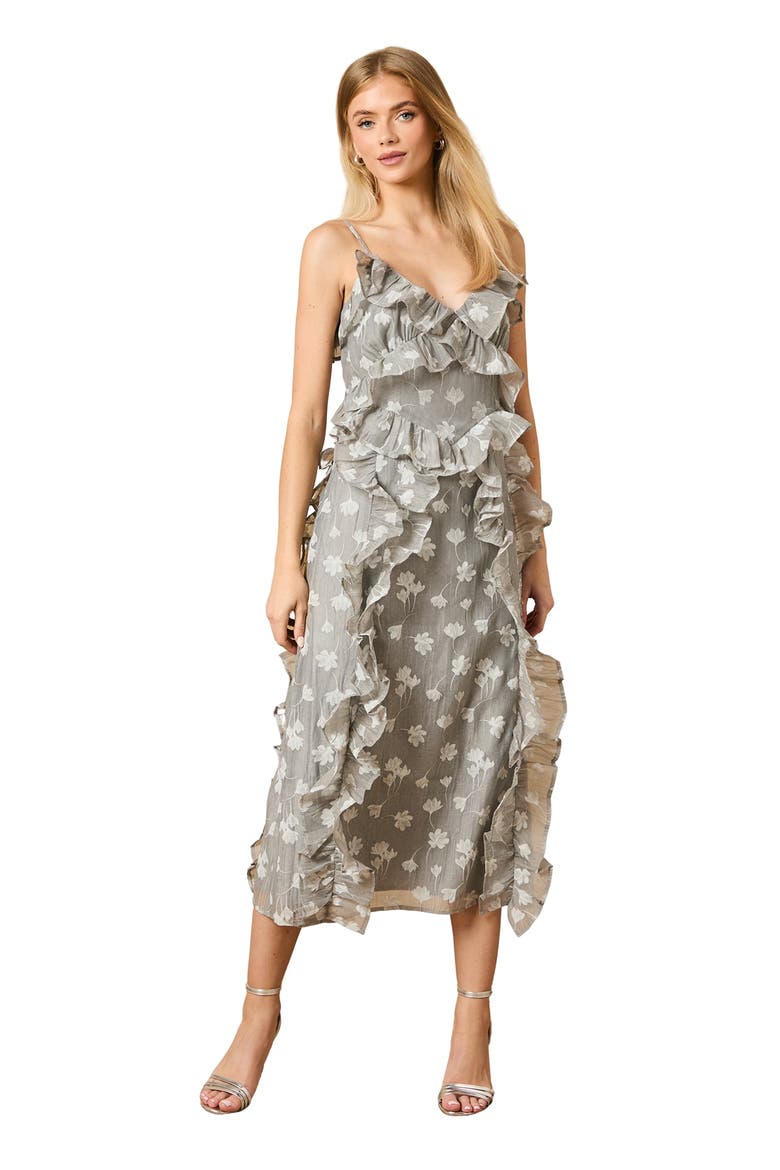 Ruffle Front V-Neck Strappy Midi Dress, Main, color, Grey
