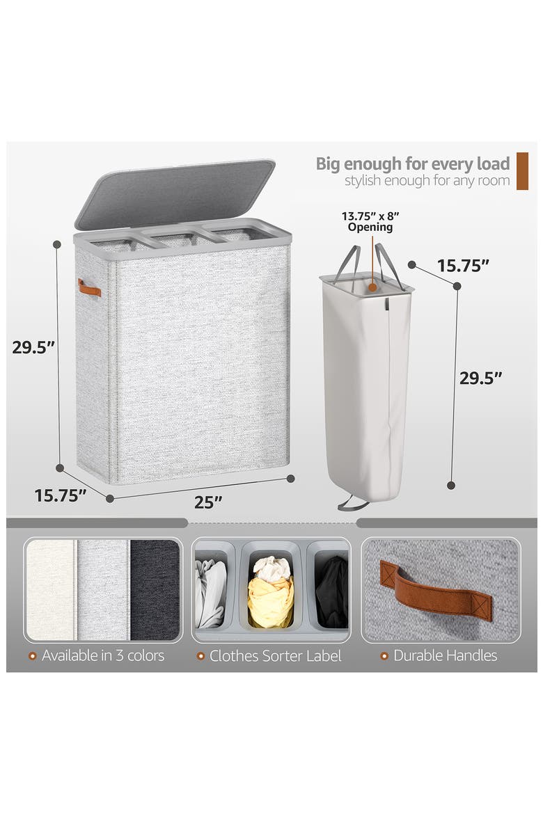3-Compartment Laundry Basket, Alternate, color, GRAY