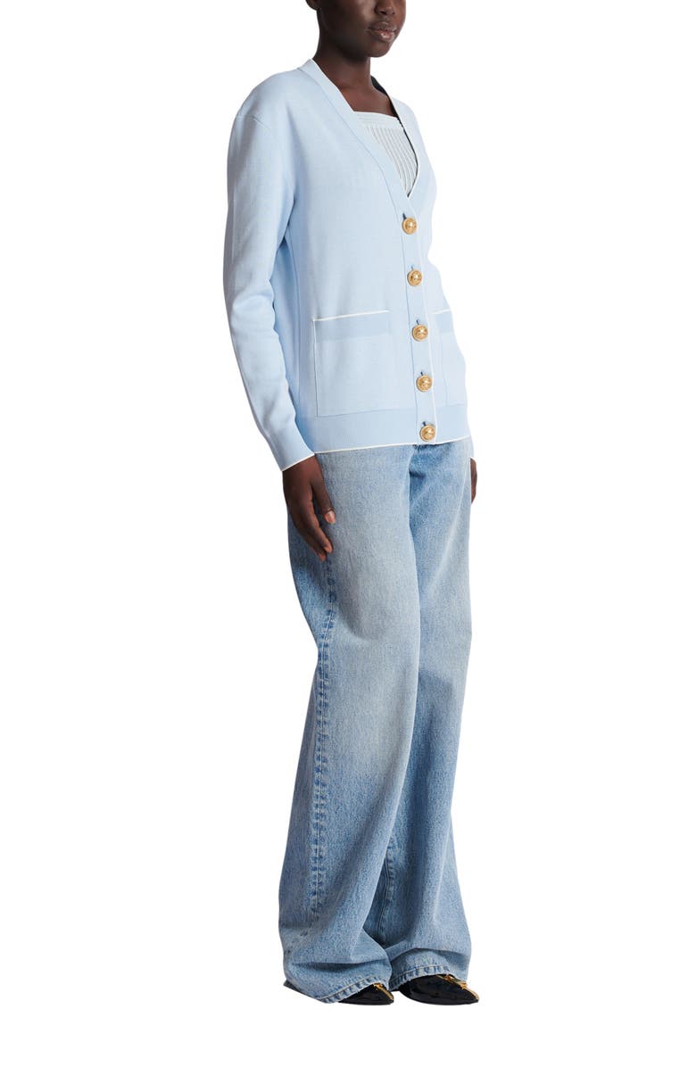 Balmain Emblème-Embroidered Knit Cardigan, Main, color, Blue