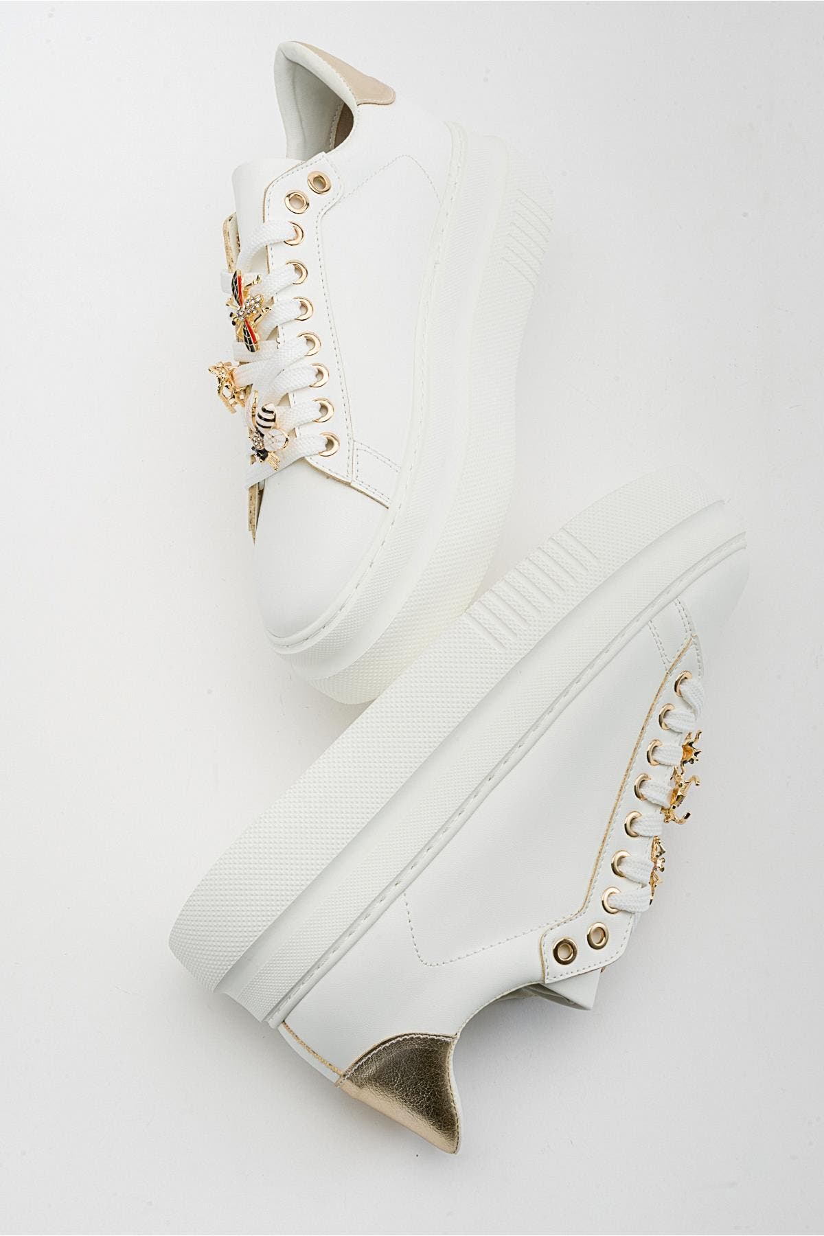 Ater Bee Buckle Sneakers, Alternate, color, White Faux Leather