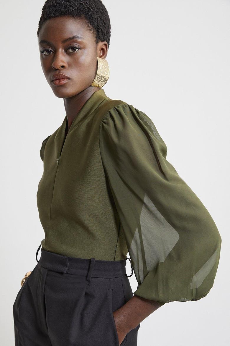Zip Detail Chiffon Sleeve Knit Top, Alternate, color, Olive