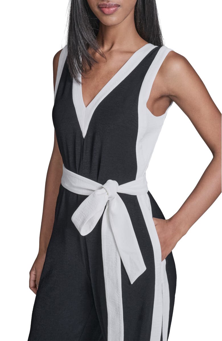 KARL LAGERFELD Aerowash Sleeveless Tie Waist Wide Leg Jumpsuit, Alternate, color, Black Soft White
