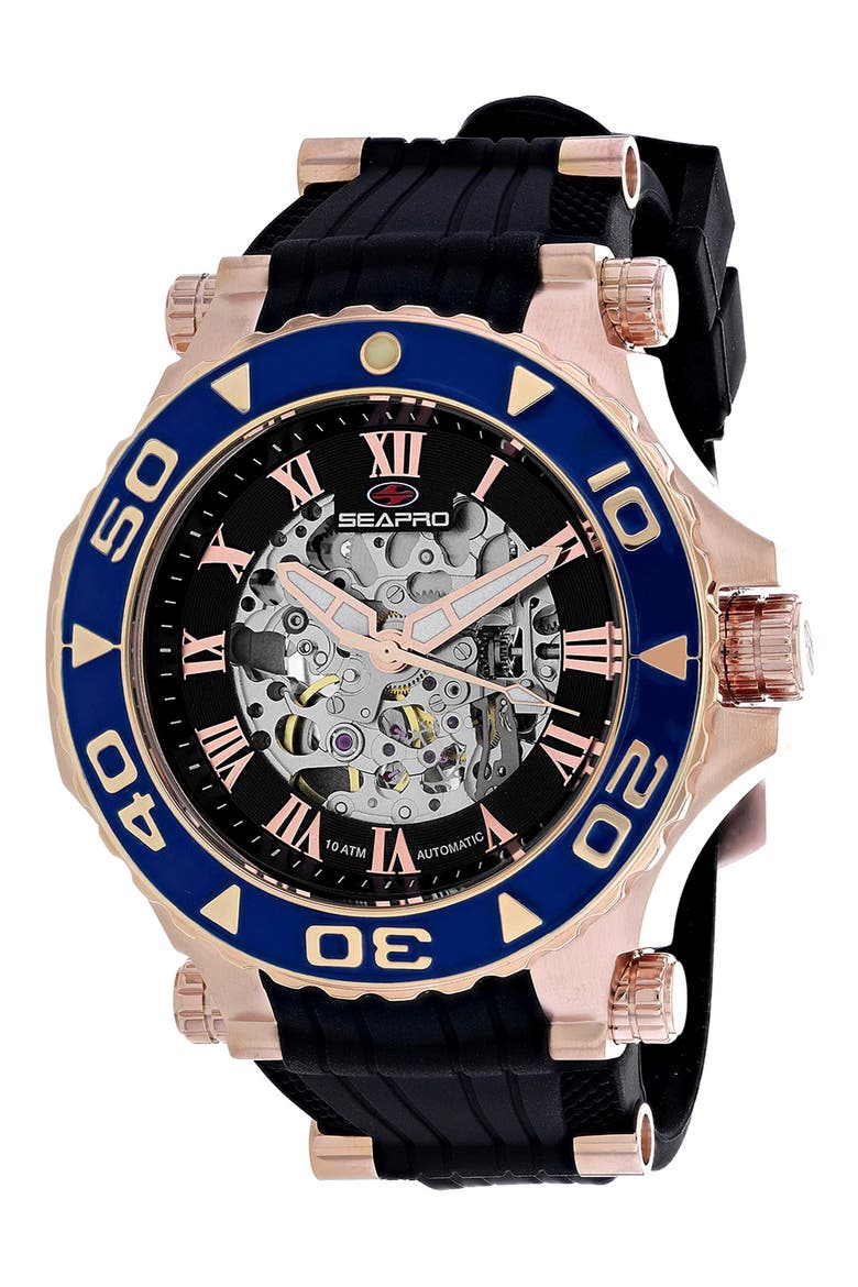 Automatic Skeleton Silicone Strap Watch, Main, color, BLACK/ BLUE/ ROSE GOLD