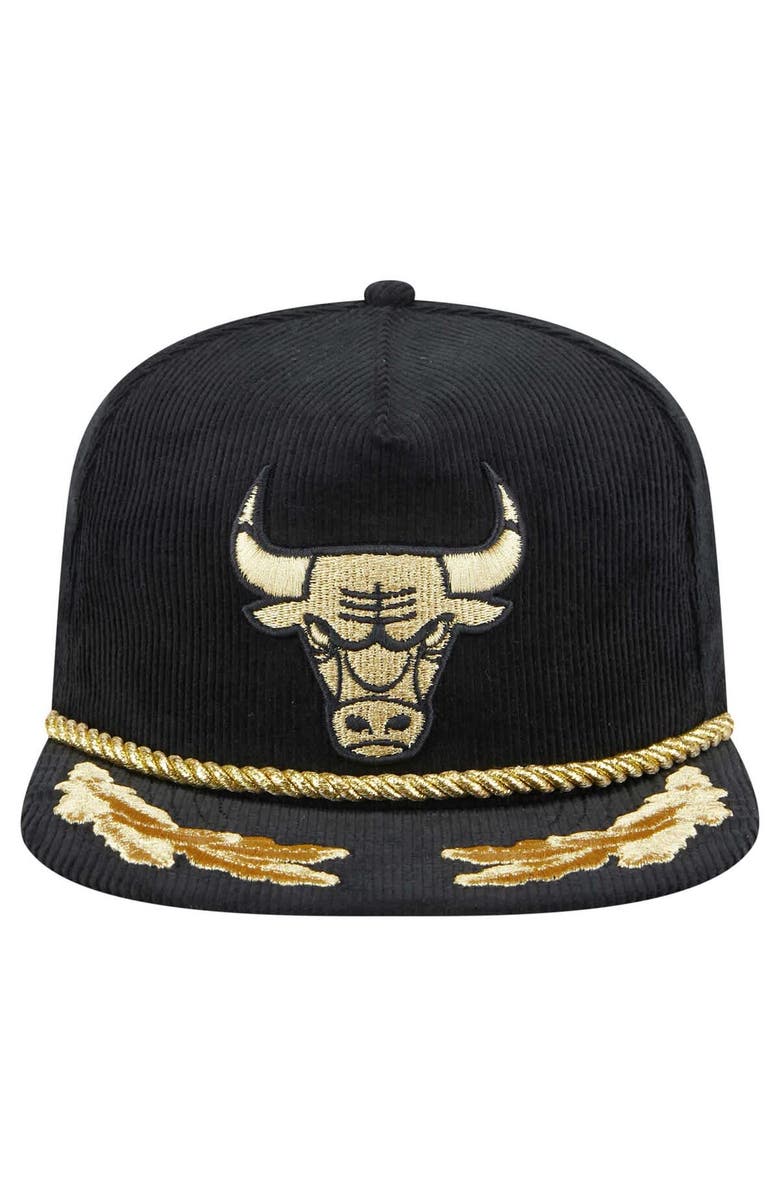 New Era Men's New Era Black Chicago Bulls Corduroy Gold Leaf Golfer Snapback Hat, Alternate, color, Black