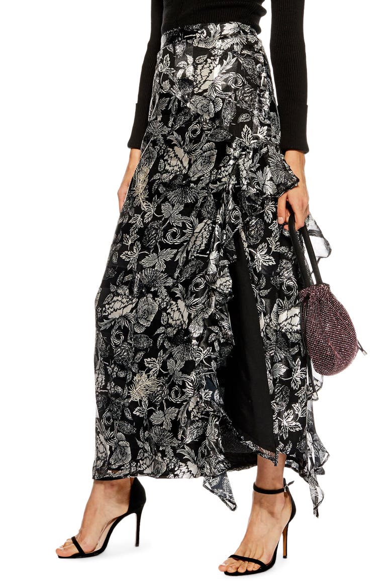 Feather Embellished Floral Maxi Skirt, Main, color, SILVER MULTI