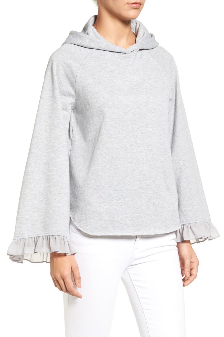 Ruffle Bell Sleeve Hoodie, Alternate, color, GREY HEATHER