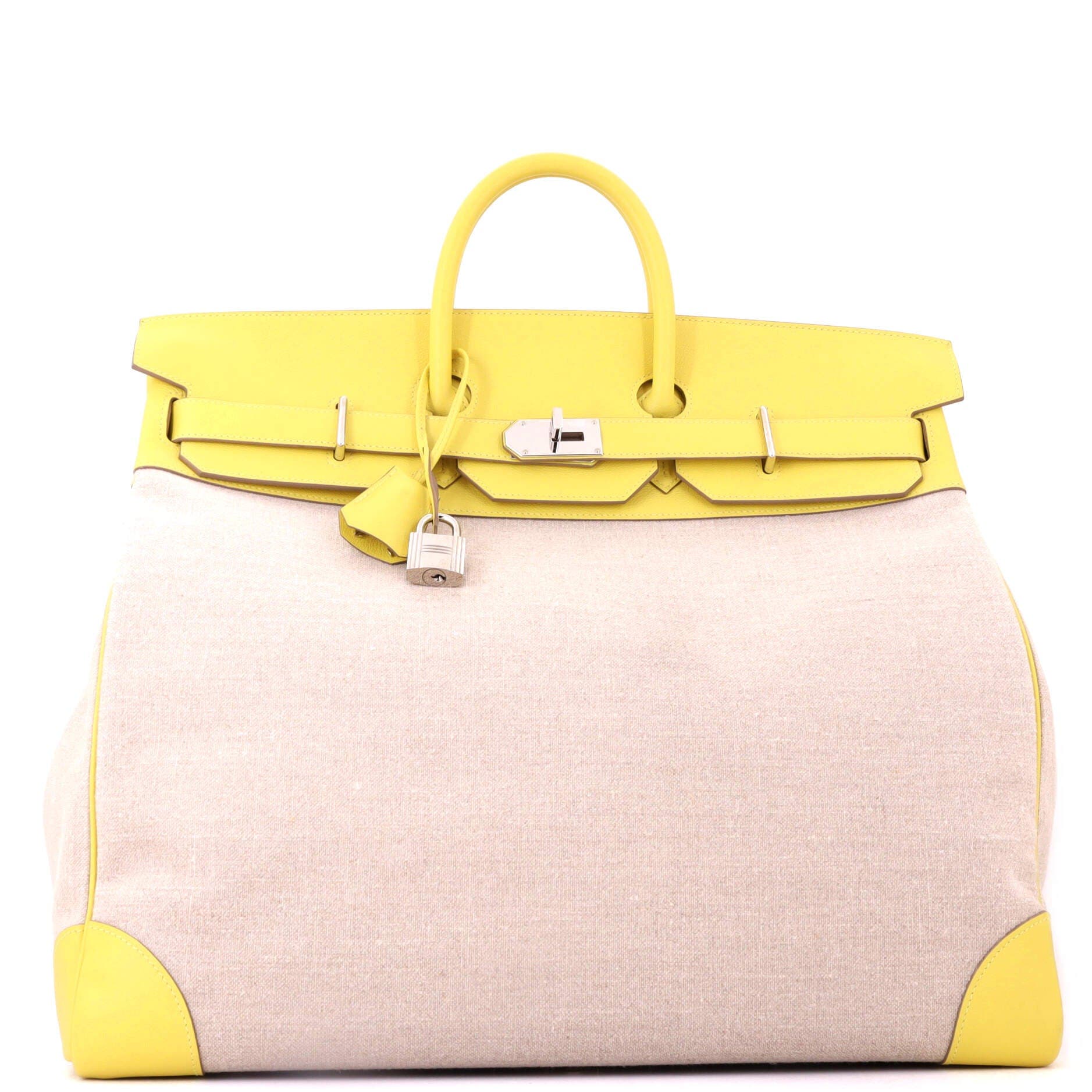 Pre-Owned Hermes HAC Birkin Bag Toile and Yellow Evercolor with Palladium Hardware 50, Alternate, color, Lime