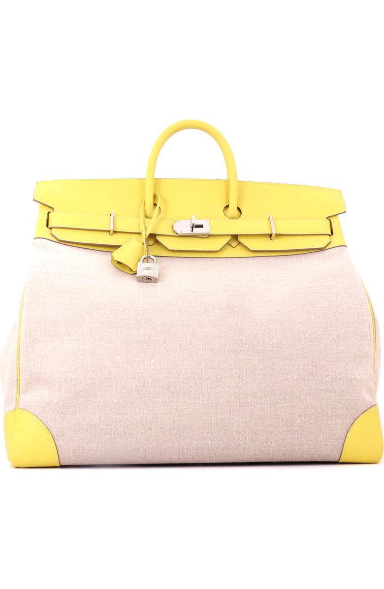 Pre-Owned Hermes HAC Birkin Bag Toile and Yellow Evercolor with Palladium Hardware 50, Alternate, color, Lime
