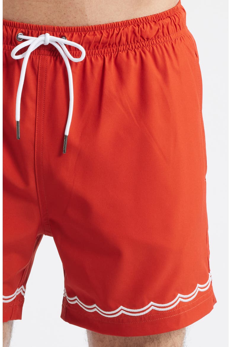 Rust Waves Embroidered Swim Trunks, Alternate, color, RED