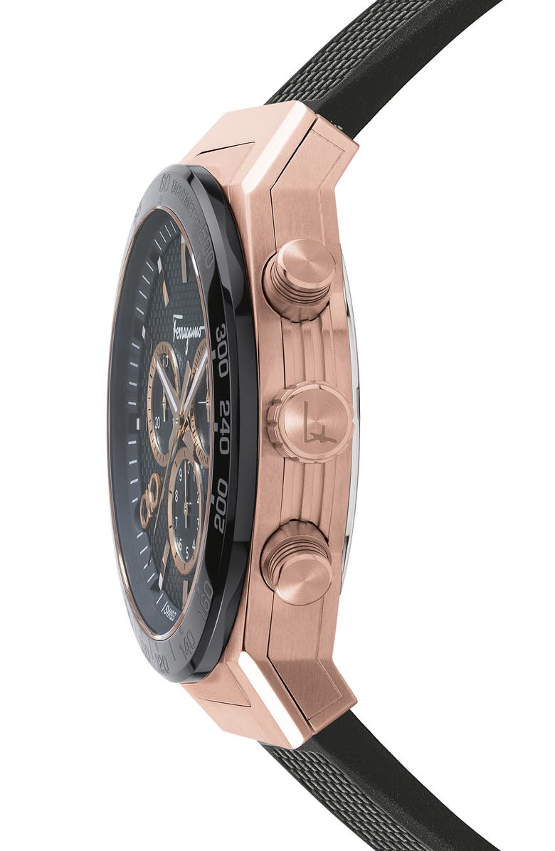 FERRAGAMO Salvatore Ferragamo SLX Chronograph Rubber Strap Watch, 43mm, Alternate, color, Black/ Rose Gold