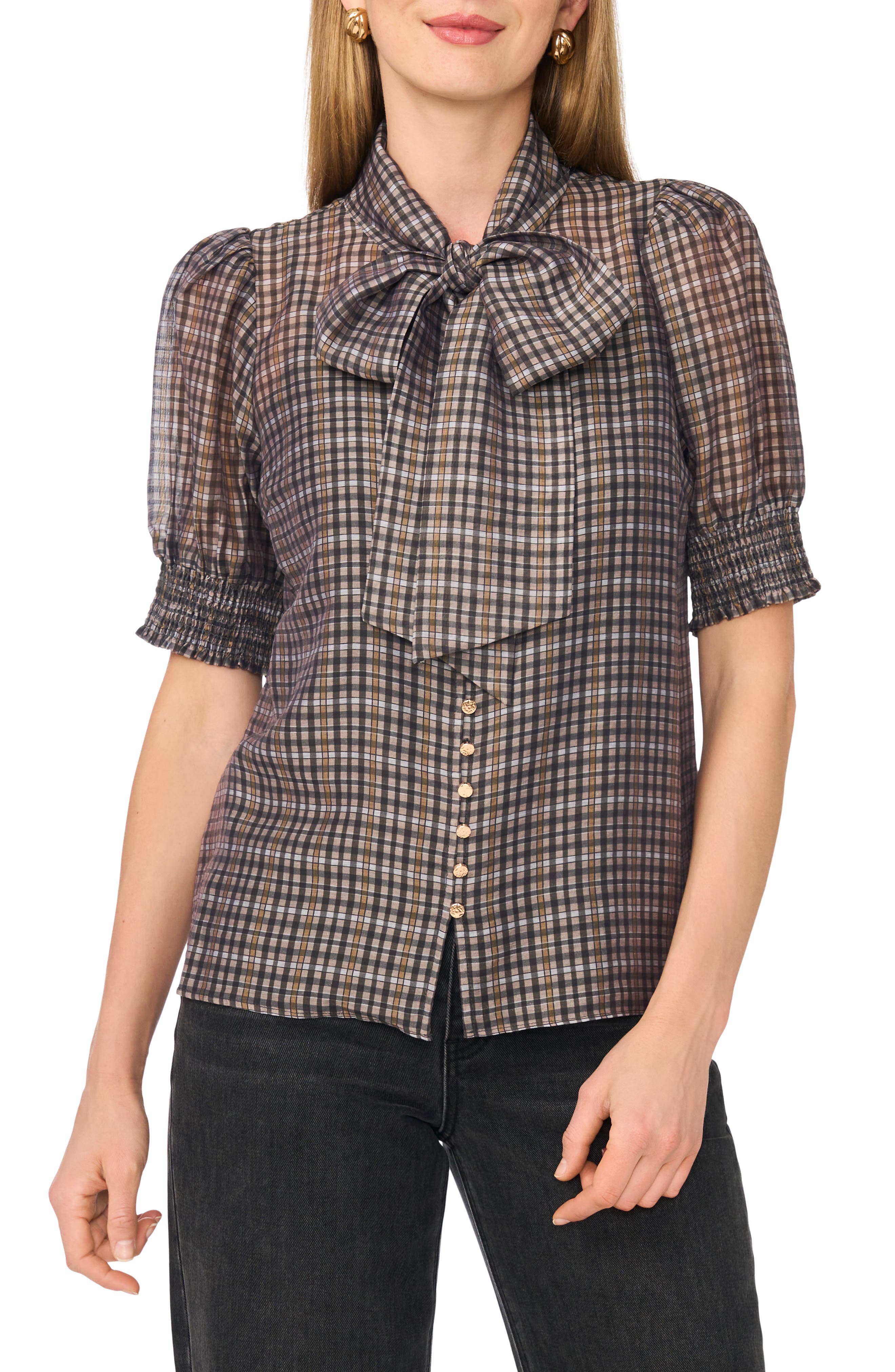 Plaid Tie Neck Puff Sleeve Top