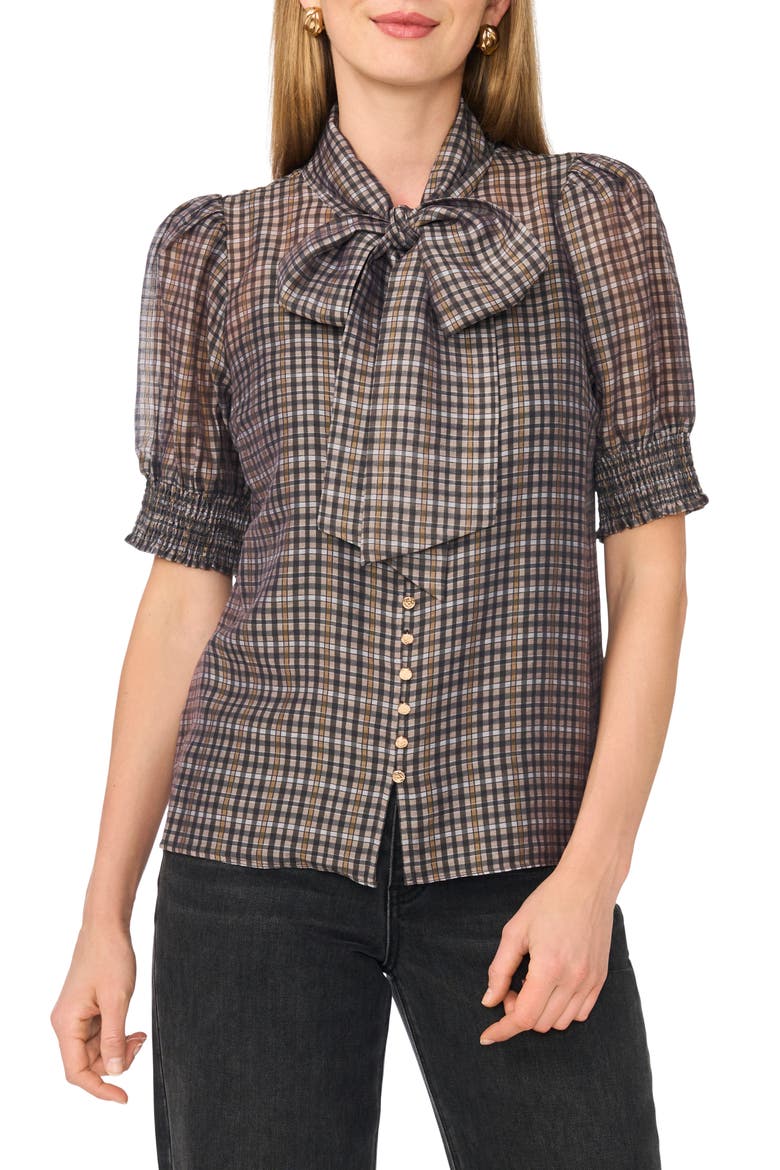 Plaid Tie Neck Short Sleeve Top, Main, color, RICH BLACK PLAID