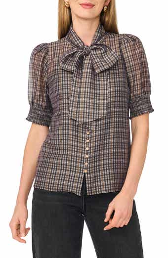 Plaid Tie Neck Puff Sleeve Top
