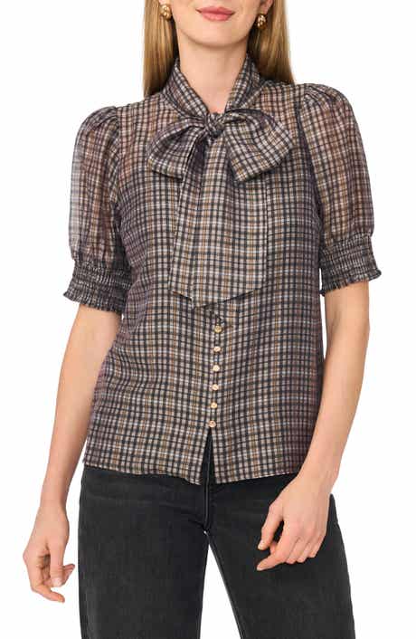 Plaid Tie Neck Puff Sleeve Top