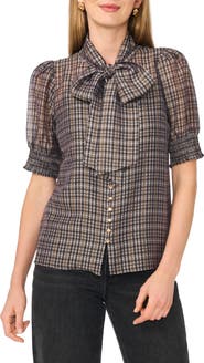Halogen® Plaid Tie Neck Short Sleeve Top