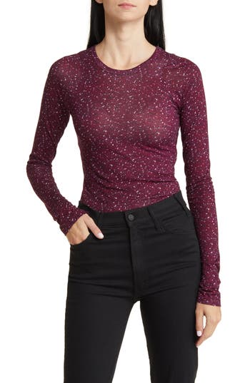 Rag & Bone Shaw Houndstooth Long Sleeve Cotton Top In Burgundy