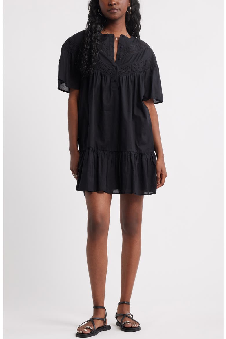 Lace Yoke Cotton Shift Dress, Main, color, BLACK