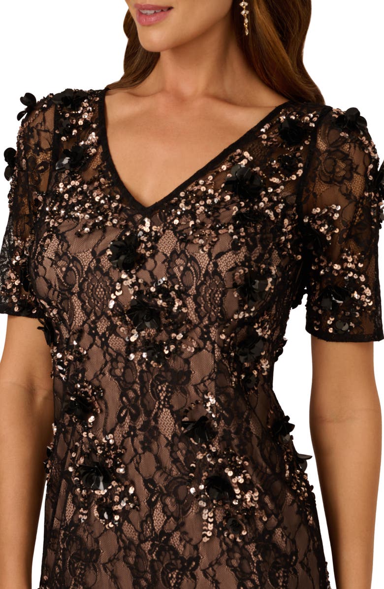 Adrianna Papell Beaded Lace Sheath Cocktail Dress, Alternate, color, Black/ Rosegold