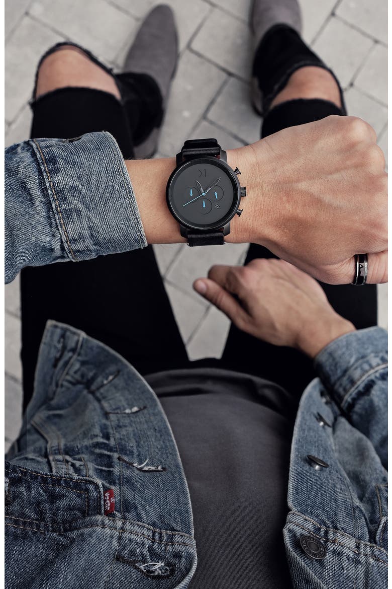 MVMT The Chrono Chronograph Leather Strap Watch, 45mm, Alternate, color, BLACK/ GUNMETAL