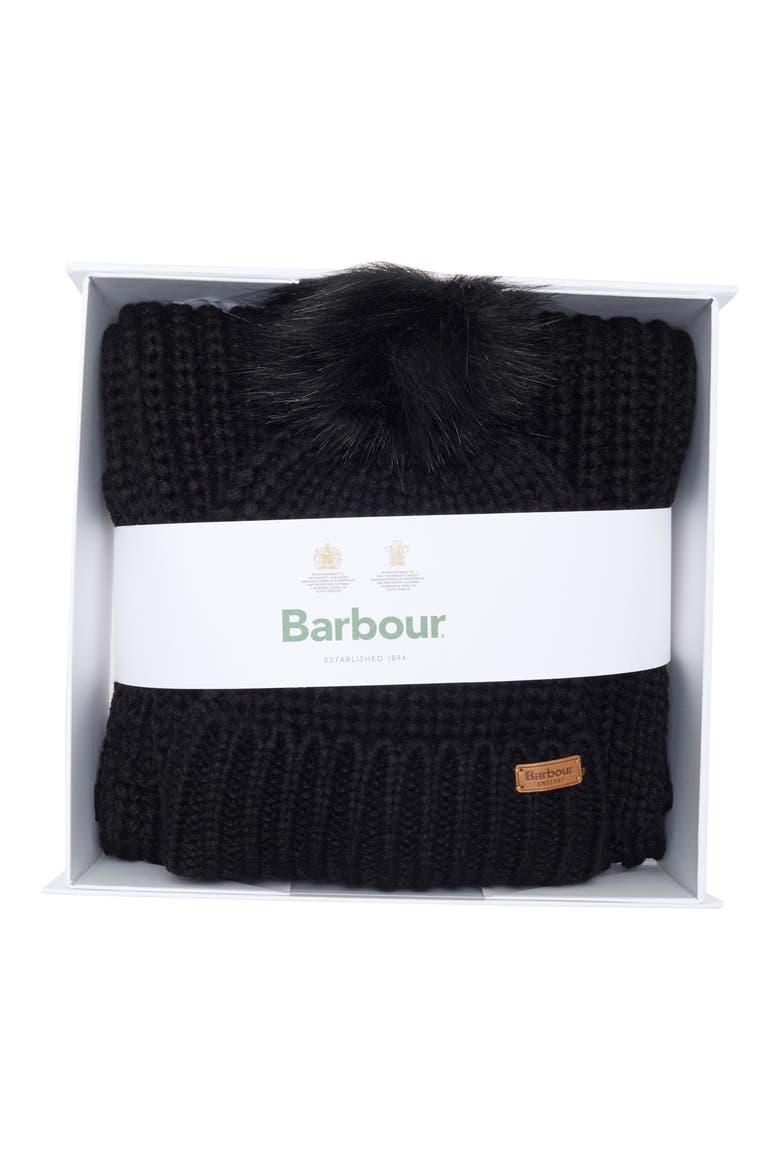 Saltburn Faux Fur Pompom Beanie & Scarf Set, Main, color, BLACK