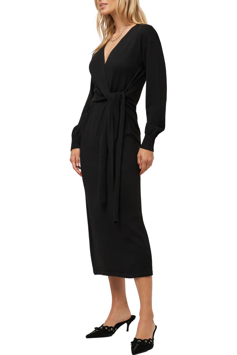 Raya Wrap Midi Sweater Dress, Alternate, color, BLACK