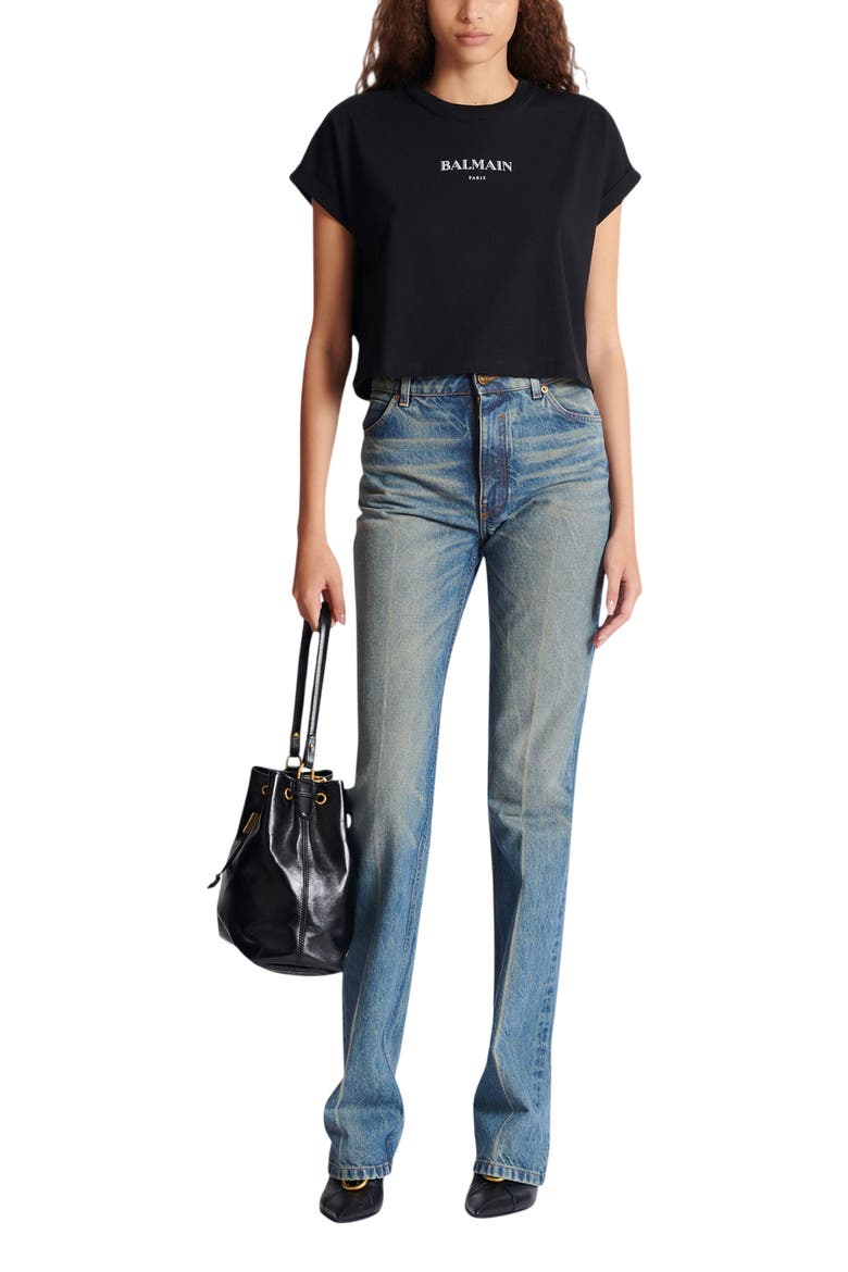 Cropped T-Shirt with Balmain Print, Alternate, color, black