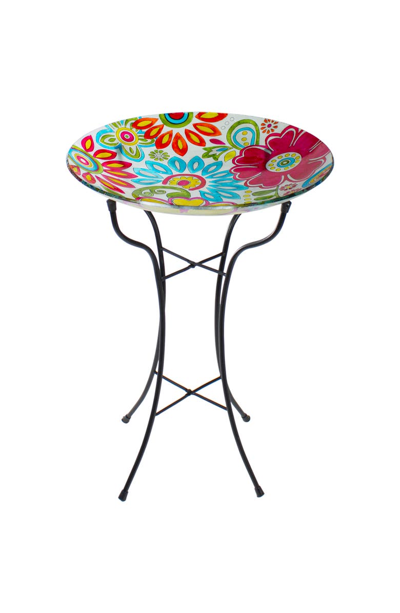 Northlight 18" Pastel Pink and Blue Flowers Hand Painted Glass Outdoor Patio Bird Bath, Main, color, Blue