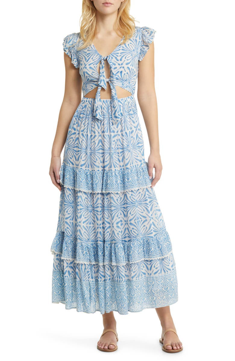 ALICIA BELL Cutout Tie Front Cotton & Silk Cover-Up Maxi Dress, Main, color, Blue Psychedelic