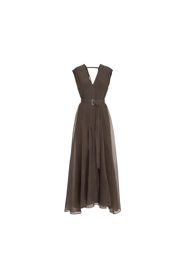 Crispy silk belted dress with pleated detail and precious strap, Alternate, color, Brown