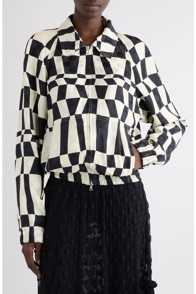 Optical Squares & Polka Dot Satin Bomber Jacket, Main, color, BLACK