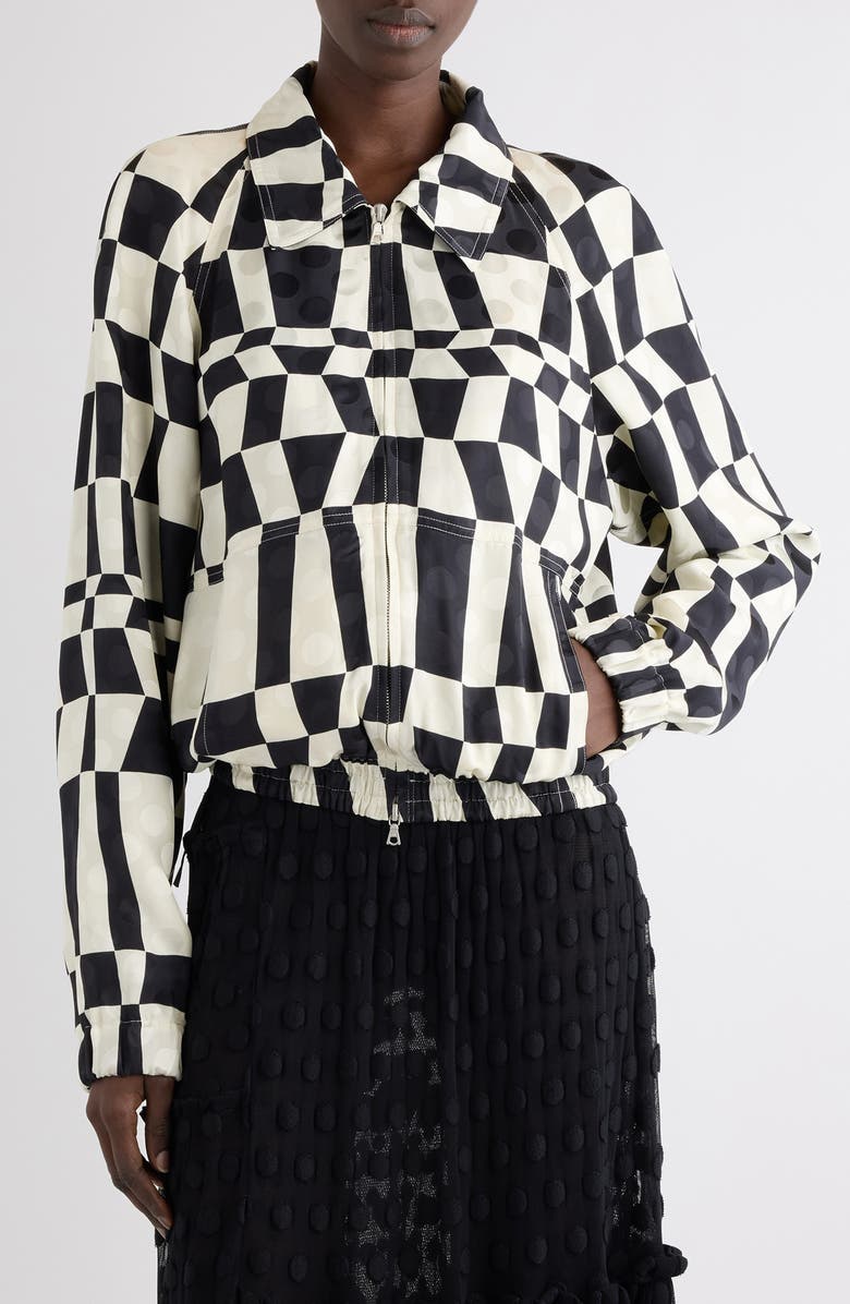 Dries Van Noten Optical Squares & Polka Dot Satin Bomber Jacket, Main, color, Black