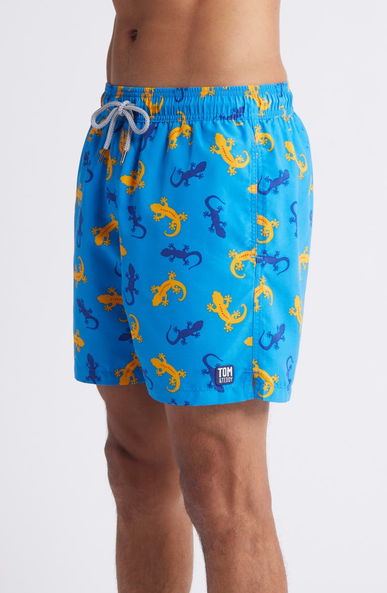 Tom & Teddy Gecko Print Performance Swim Trunks, Alternate, color, Blue/ Orange