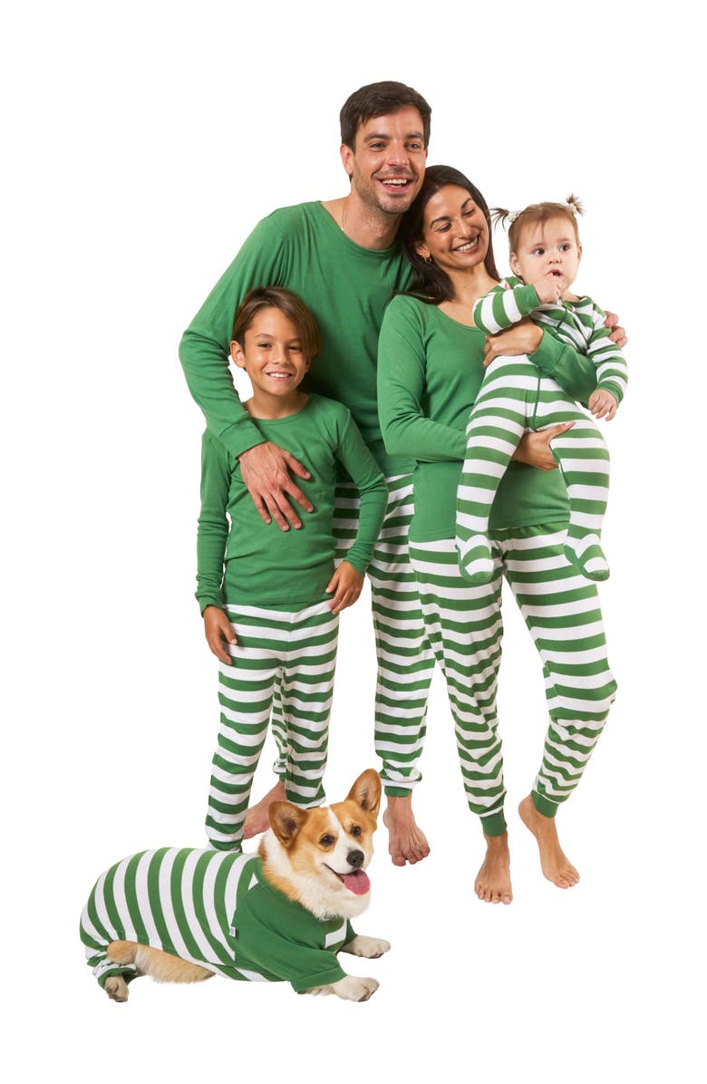 Leveret Kids Two-Piece Striped Cotton Matching Family Holiday Pajamas, Alternate, color, Solid Green Top & Striped Pant