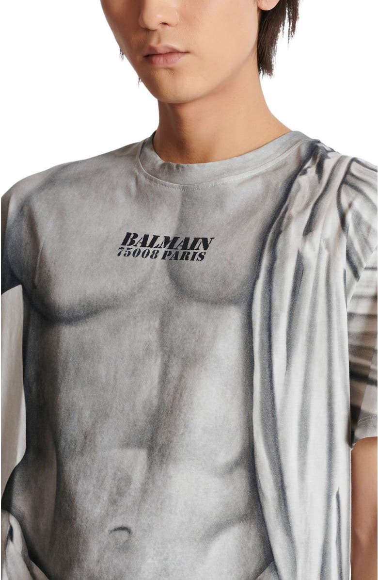 Balmain Logo T-Shirt With Statue Print, Alternate, color, Grey