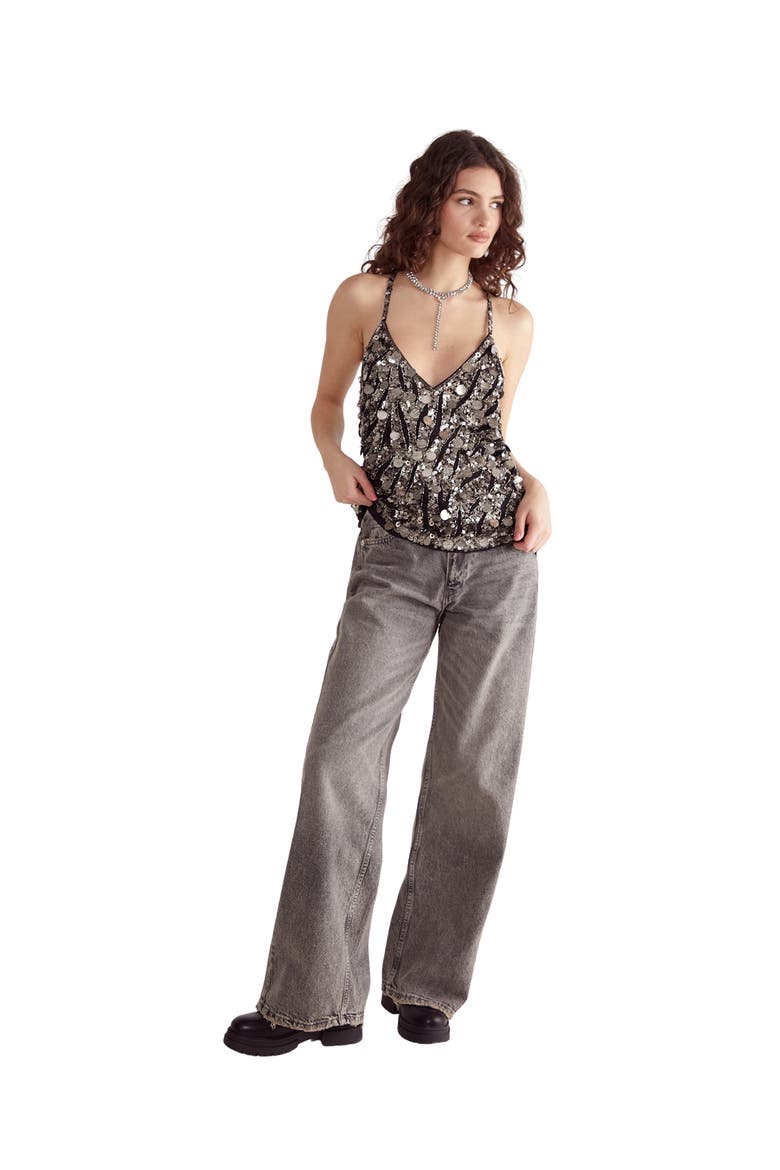 Mixed Disc Sequin Longline Cami Top, Alternate, color, Black